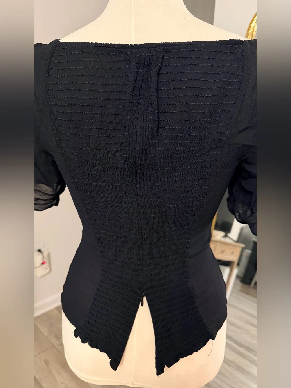 Reformation Black Square Neck Puff Sleeve Blouse